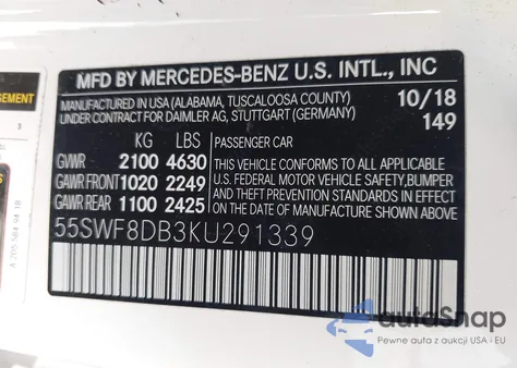 2019 Mercedes-Benz C 300 из США, поврежденный, VIN 55SWF8DB3KU291339